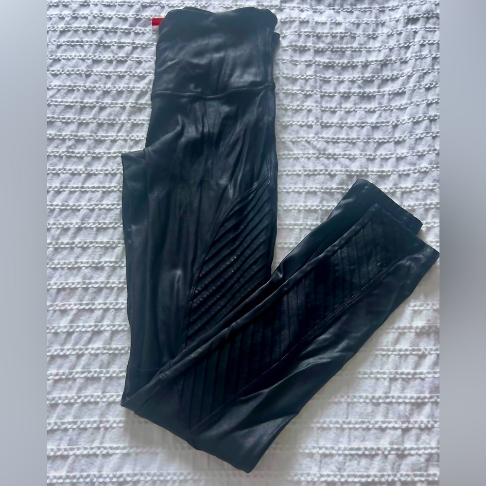 Black faux moto spanx full length leggings